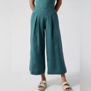 Athleta Playa Linen Wide Crop 100% Linen Size 4 Zipper Pockets Borealis Green